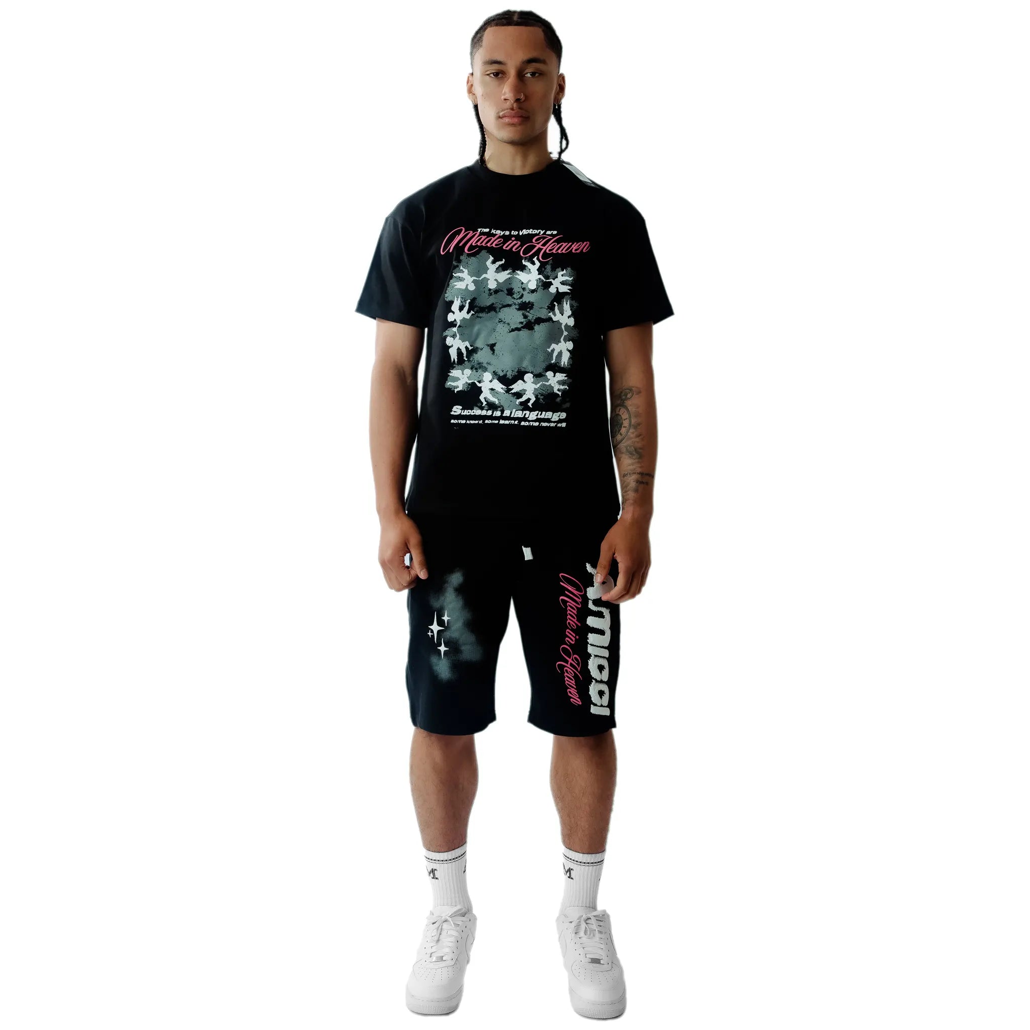 Model Front view of Amicci Angeli Graphic Black Shorts